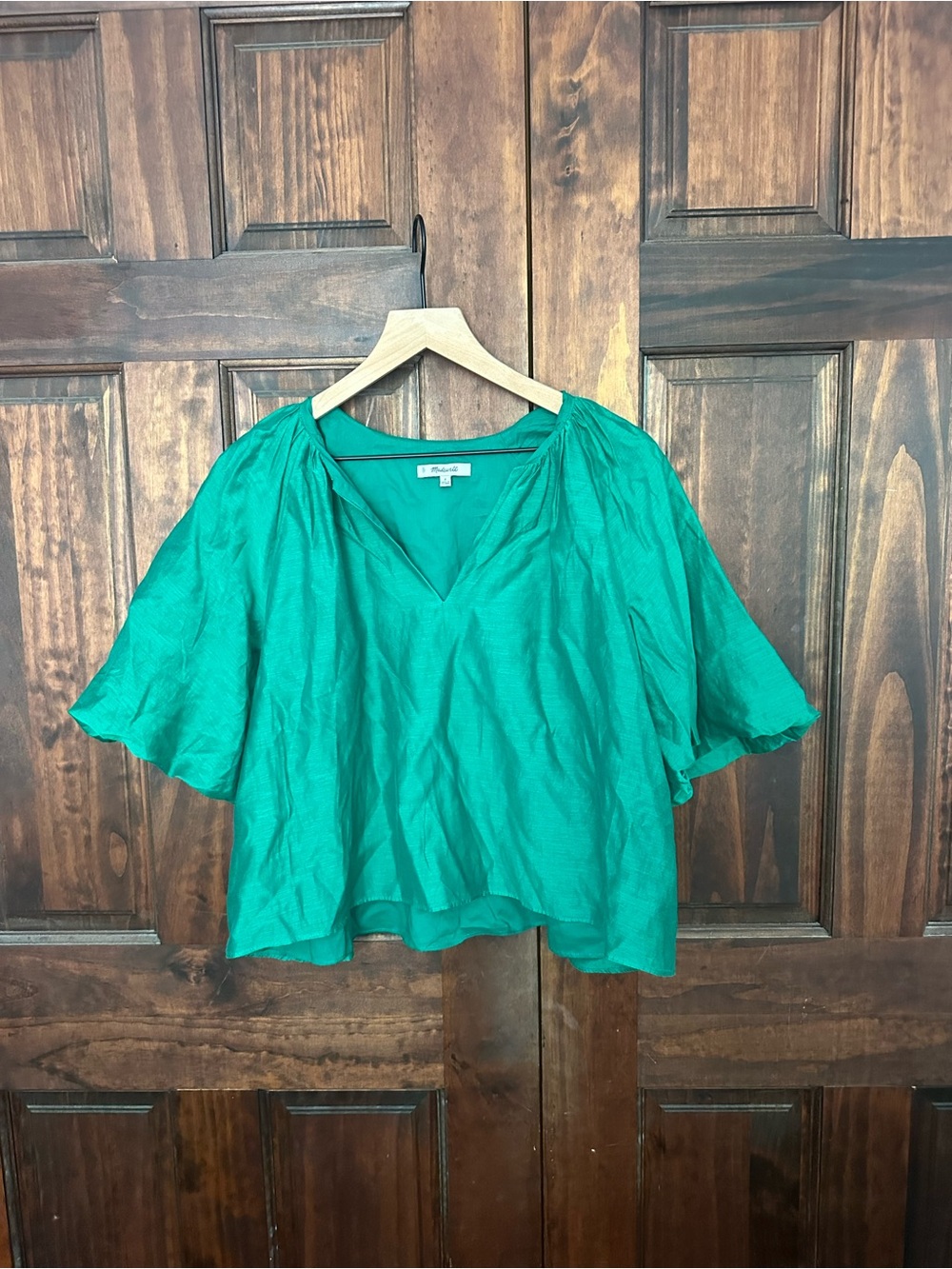 Madewell Emerald Green V-Neck Flutter Sleeve Blouse